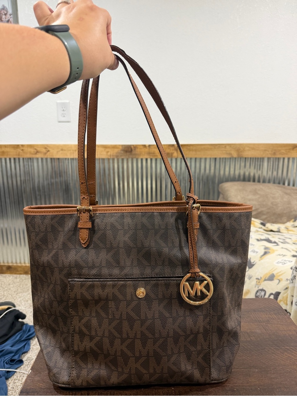 Michael Kors Brown MK Signature Tote with Gold Charm